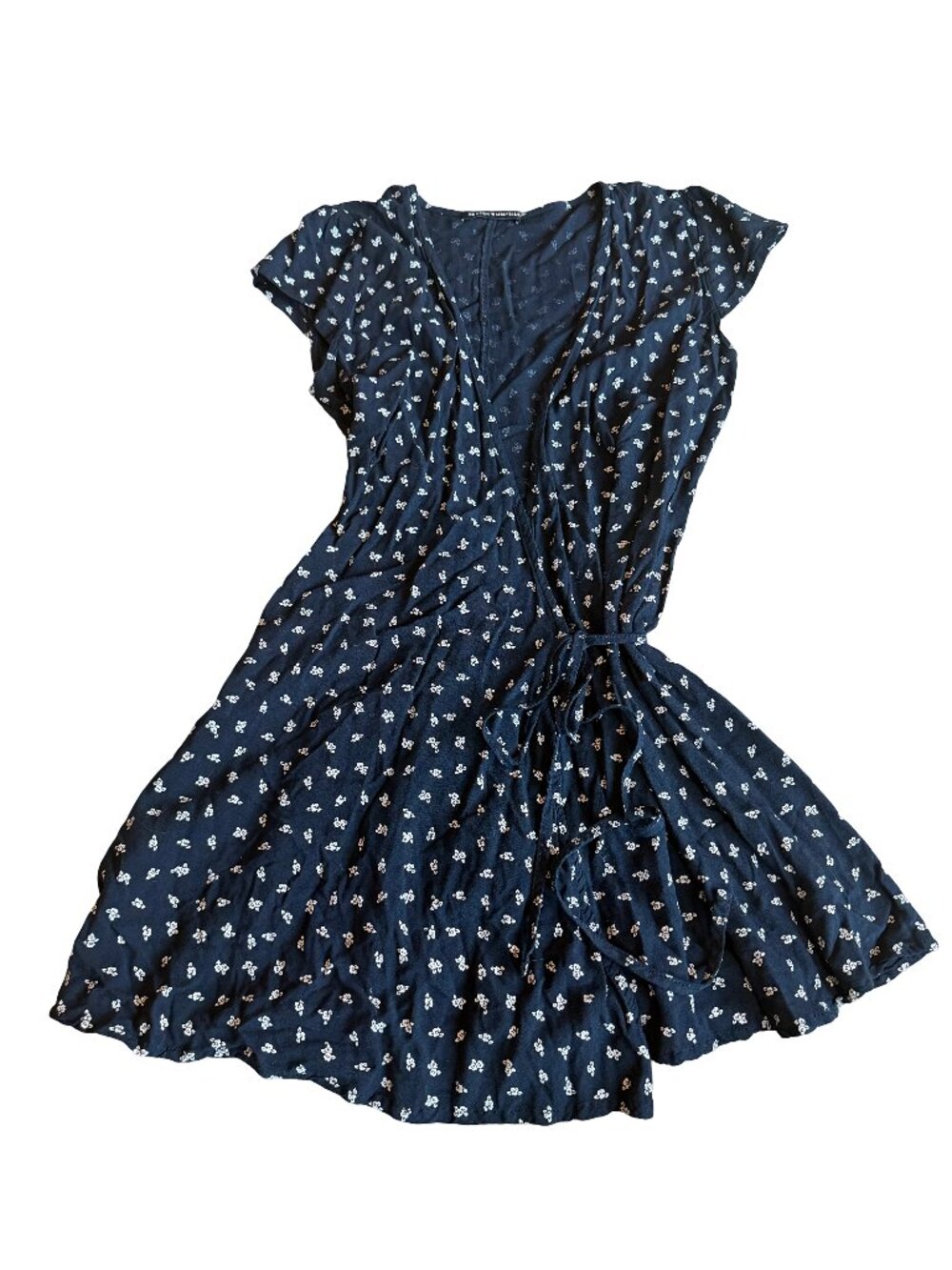 Brandy Melville Navy Floral Mini Dress Sleeve Tie Waist Boho One Size Women's